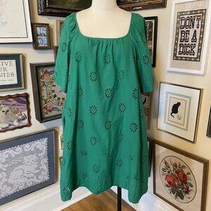 Free Assembly Womens Green Eyelet Dress XXL 100% Cotton Short Sleeve Square Neck